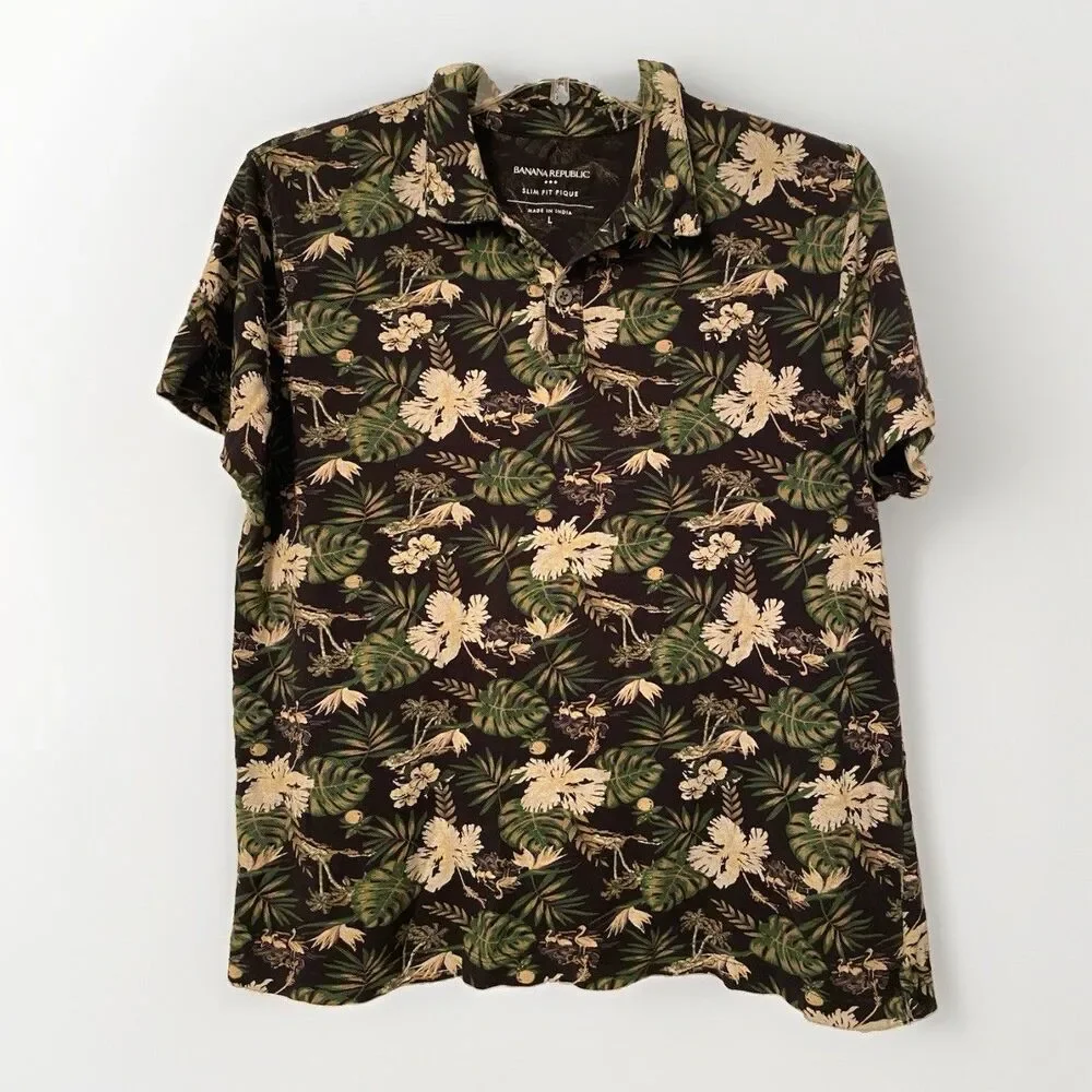 Banana Republic Mens Pique Polo Shirt M Black Tropical Floral Hibiscus Cotton